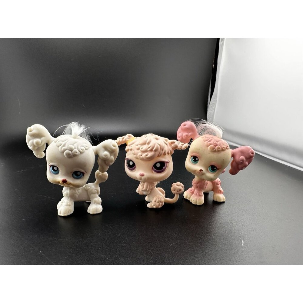 Littlest Pet Shop LPS Poodles Puppy Dogs Pink White Hair Lot 3 Hasbro Authentic‎